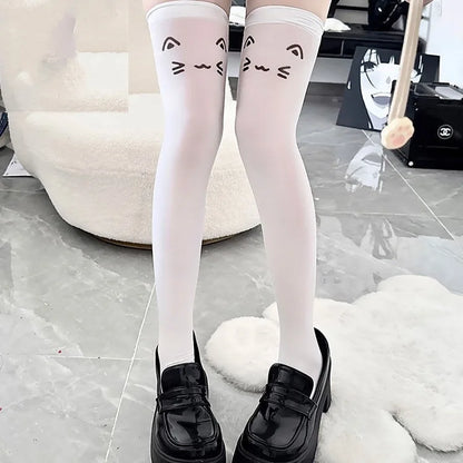 Kawaii face print stockings perfect for soft cosplay, cutecore fashion, and playful littlespace dressing.