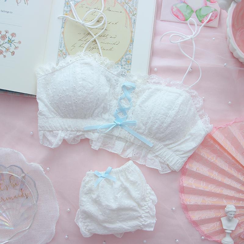 Blue Vanilla Doll Ruffle Bra & Panty Set Soft dollcore lingerie with blue ribbon accents, kawaii playful soft girl vibes