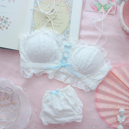 Blue Vanilla Doll Ruffle Bra & Panty Set Soft dollcore lingerie with blue ribbon accents, kawaii playful soft girl vibes