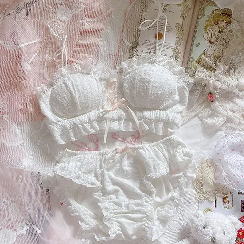 Pink Vanilla Doll Ruffle Bra & Panty Set Lacy lingerie with pink ribbon accents, playful kawaii soft girl vibes