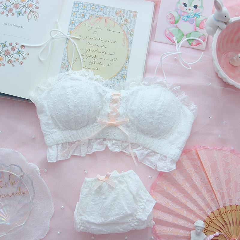 White pastel Vanilla Doll ruffle bra and panty set with soft lace and delicate ruffles, angelic soft girl dollcore vibes