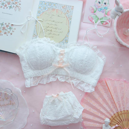 White pastel Vanilla Doll ruffle bra and panty set with soft lace and delicate ruffles, angelic soft girl dollcore vibes