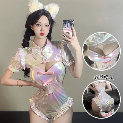 Vegan leather accented holographic maid cosplay set, cruelty-free and trendy for conscious kawaii and DDLG babes.