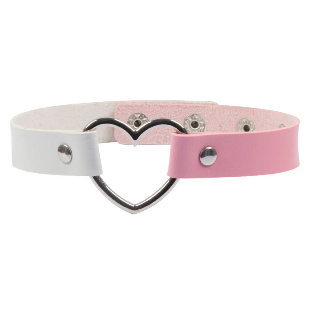 Vegan Leather Split Babe Choker with heart detail, bold two-tone design, ideal for kawaii, soft goth fashion