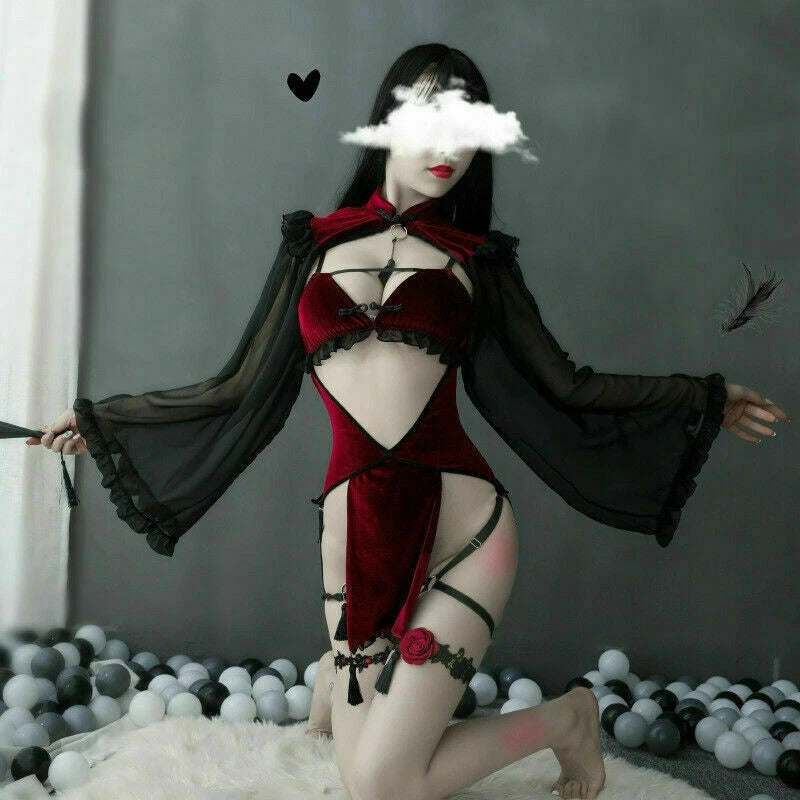Velvet Queen of Black Hearts lingerie, DDLGirl dark occult spell, red and black seductive dollcore set