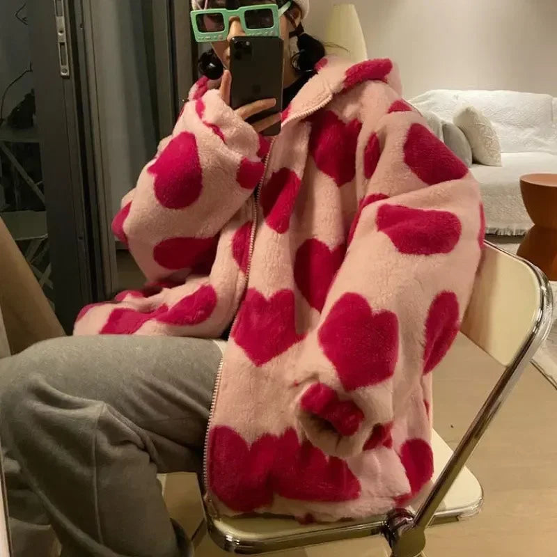 Vibrant heart print kawaii jacket 💘 DDLG ABDL cutecore vibes with warm fleece lining & layering-perfect relaxed fit 🎀