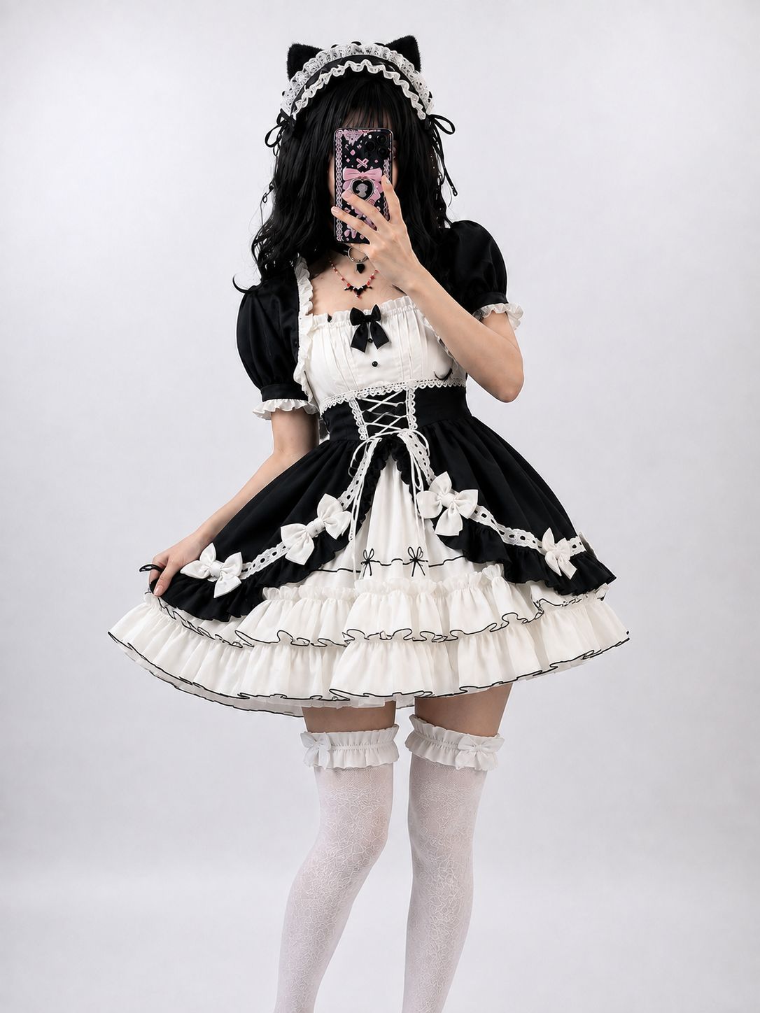 Black and white Victorian dream ruffle Lolita dress with corset waist, DDLGirl style
