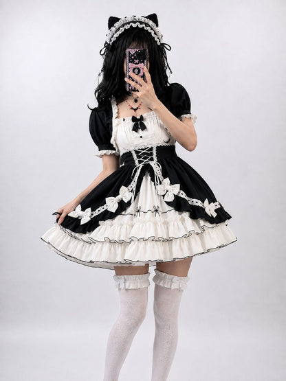 Black and white Victorian dream ruffle Lolita dress with corset waist, DDLGirl style