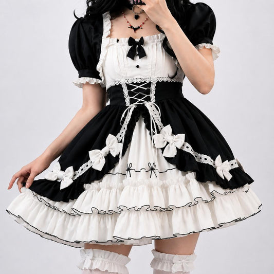 Short bell sleeve detail on black and white Victorian ruffle Lolita dress