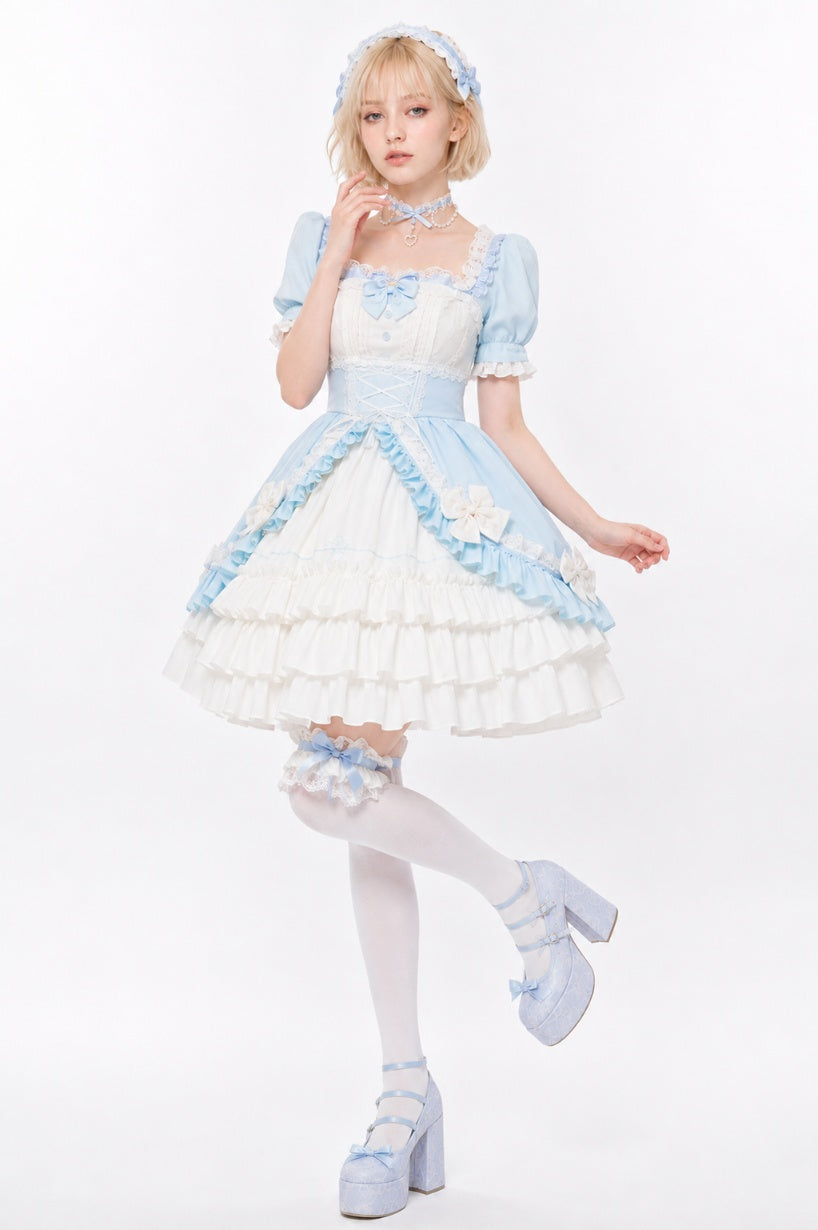 Pastel blue and white Victorian dream ruffle Lolita dress with corset waist, DDLGirl style