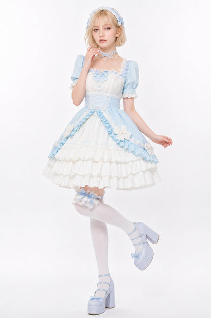Pastel blue and white Victorian dream ruffle Lolita dress with corset waist, DDLGirl style