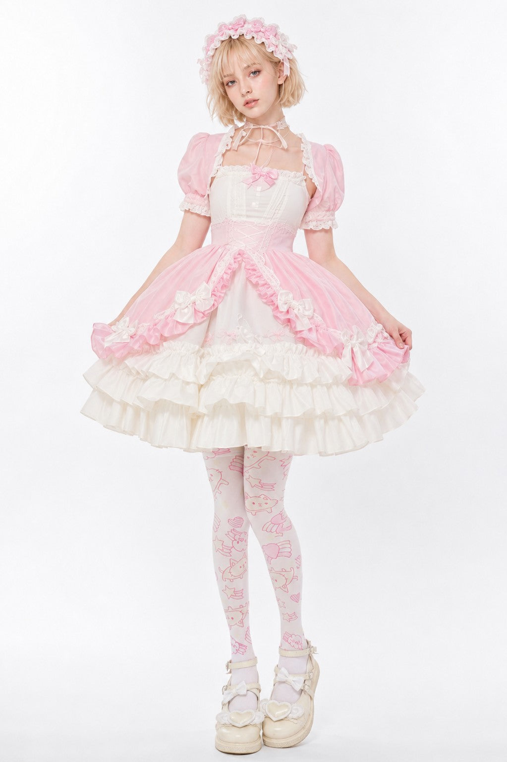 Pastel pink and white Victorian dream ruffle Lolita dress with bow detail, DDLGirl style