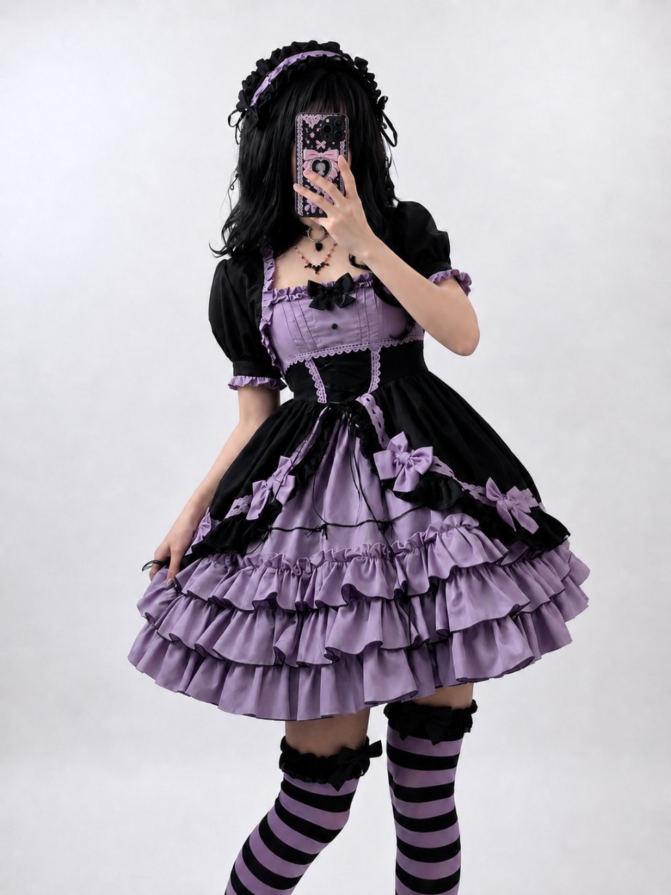 Lavender and black Victorian dream ruffle Lolita dress with overskirt, DDLGirl style