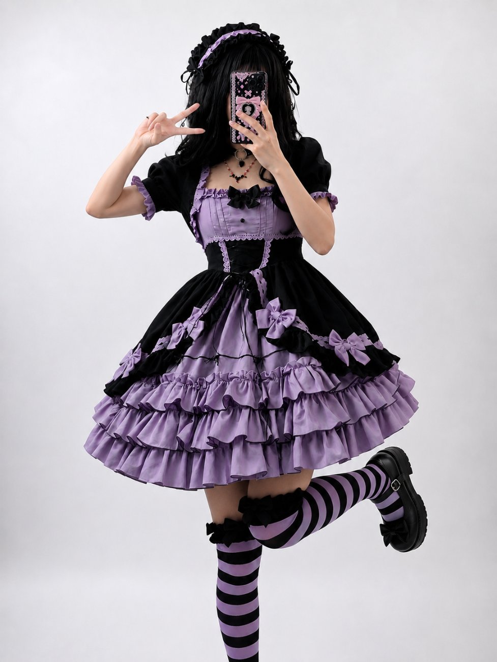 Model wearing lavender and black Victorian ruffle Lolita dress, gothic dark academia style