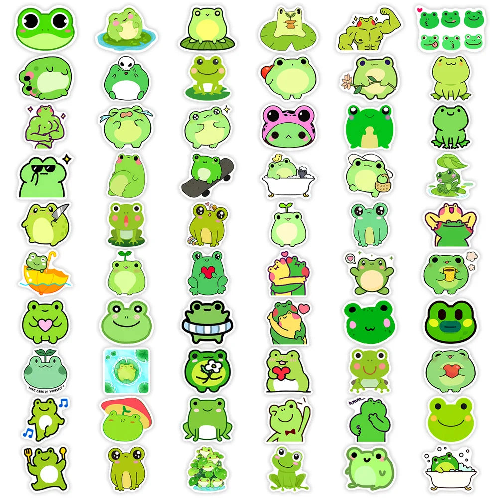 Vinyl frog kawaii sticker pack, waterproof decals ideal for laptops, phones, and journals