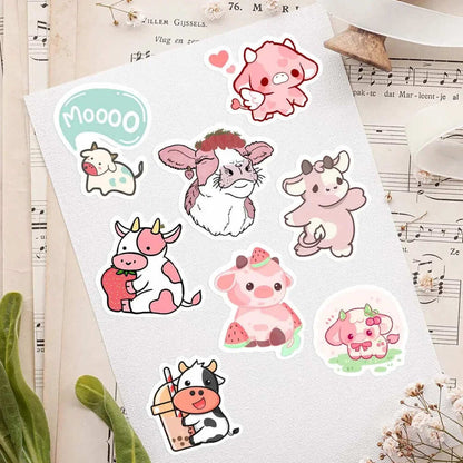 Durable vinyl kawaii stickers in a moo and milk theme, waterproof and easy to peel