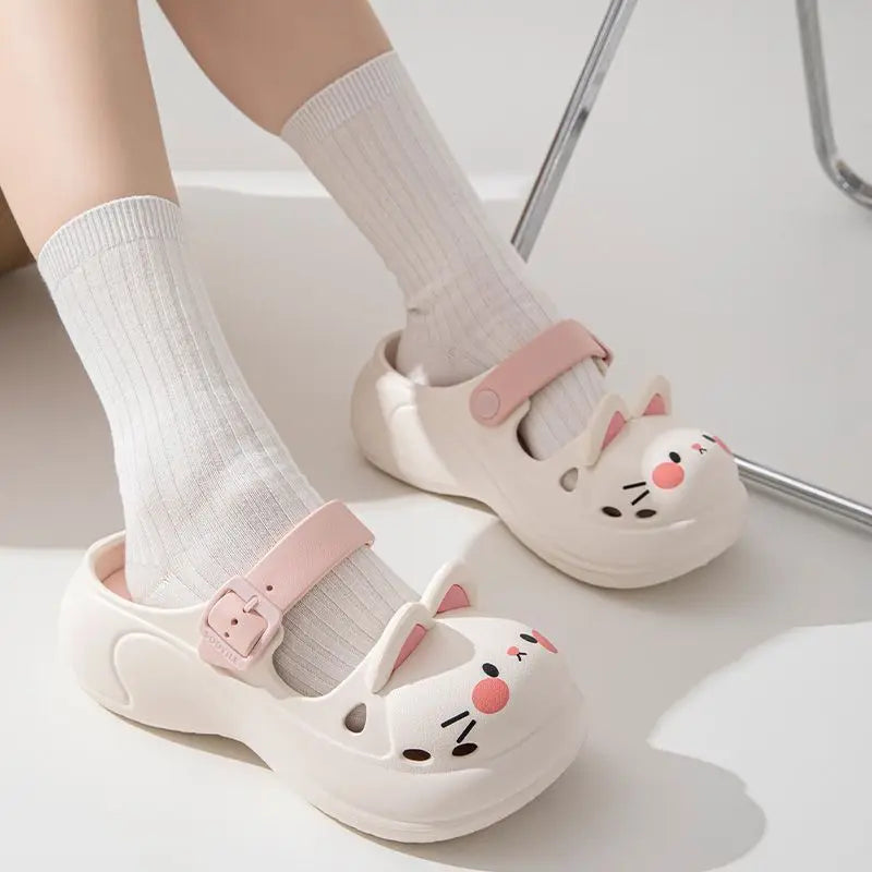 White slides with cute animal design, breathable and comfy for casual summer wear and street style
