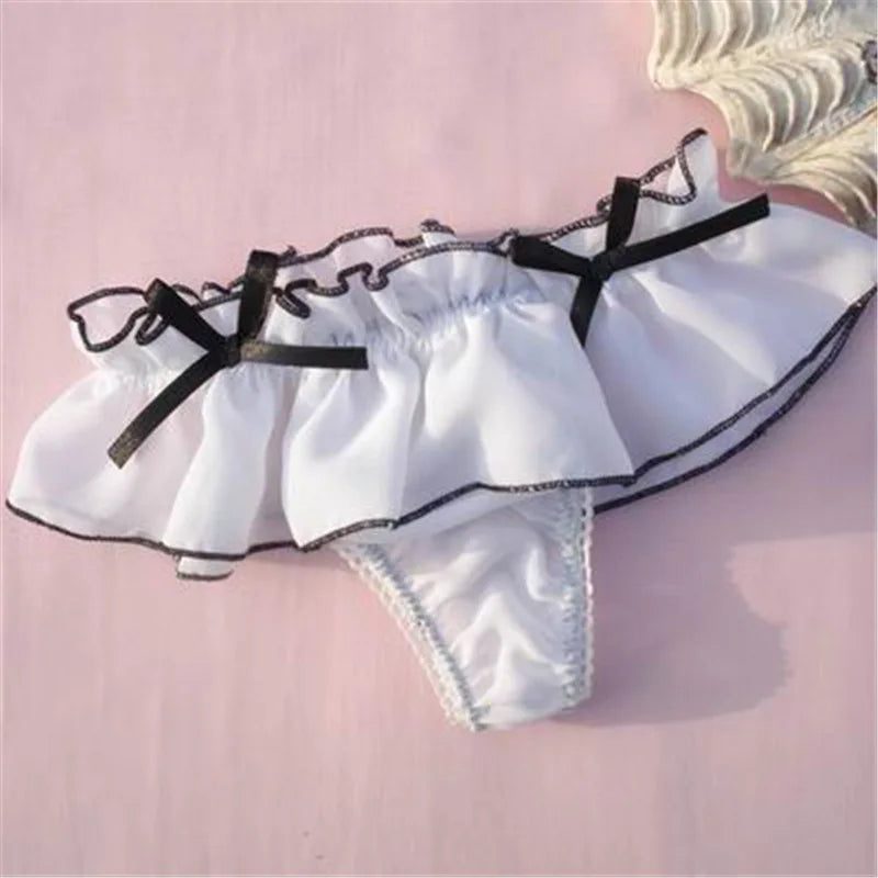 White frilly thong with black ribbons, dreamy kawaii ddlg cutecore lingerie