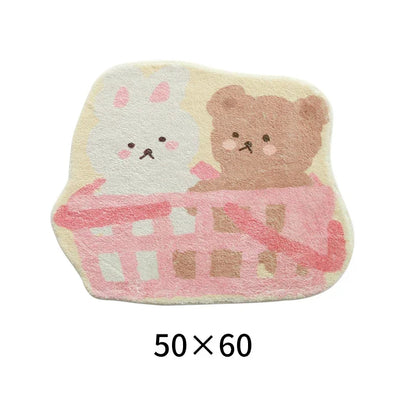 White bunny and brown teddy in pink basket on kawaii pastel rug, perfect for kawaii spaces