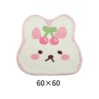 White bunny with two cherries on head kawaii rug, pastel cartoon style for cozy rooms