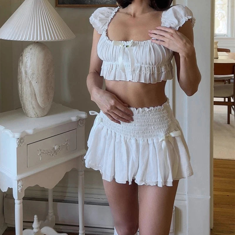 White coquette skirt and crop set, fairy-tale inspired ruffles, soft girl playful and elegant cutecore style