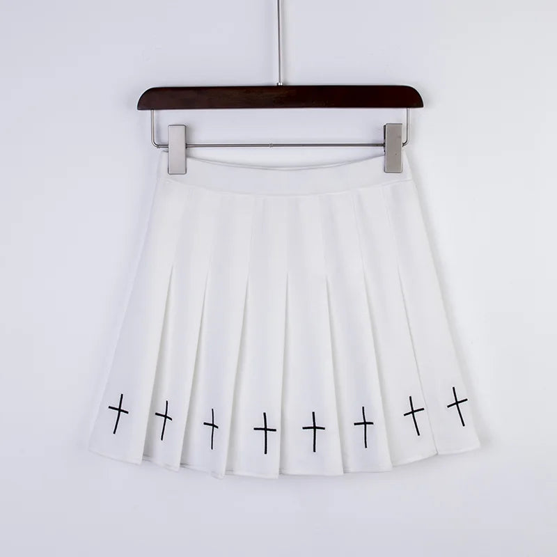 White cross mini skirt with black embroidery, kawaii lolita-inspired DDLG ABDL cutecore streetwear