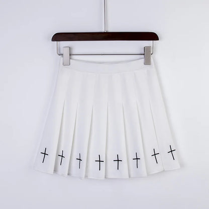 White cross mini skirt with black embroidery, kawaii lolita-inspired DDLG ABDL cutecore streetwear