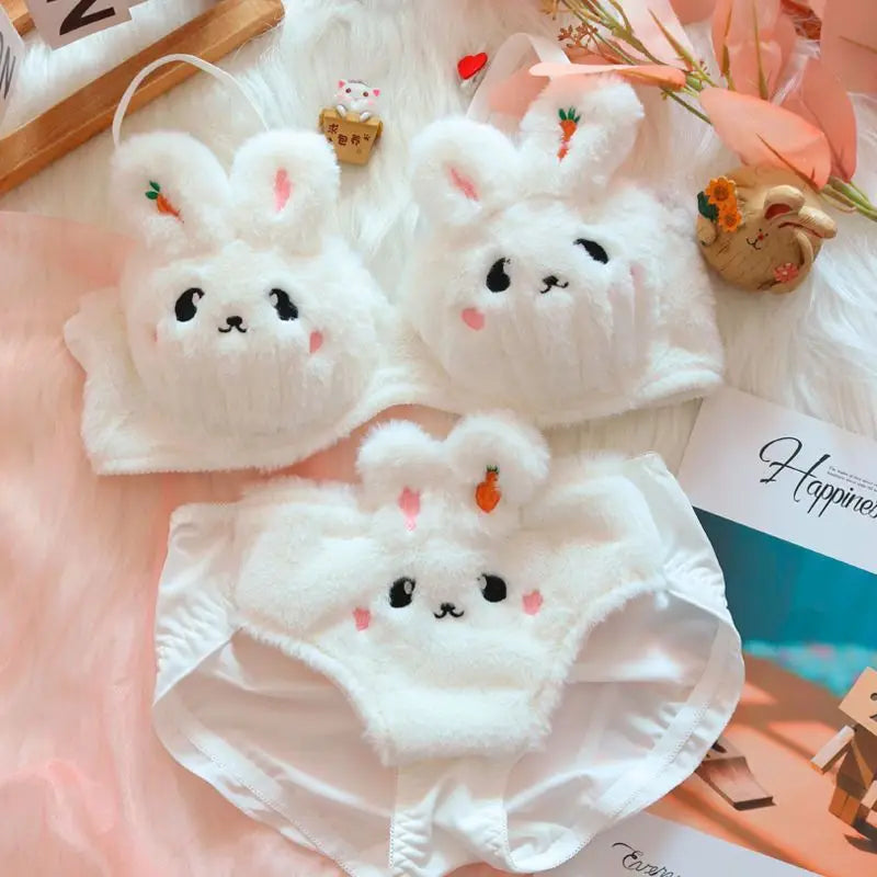White fuzzy Bunny bra and thong set, kawaii ABDL DDLG lingerie for playful and magical home vibes