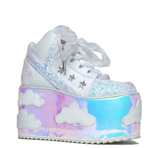 White holographic Sky Princess Doll Platforms for DDLG, ABDL, kawaii fashion, and little space roleplay