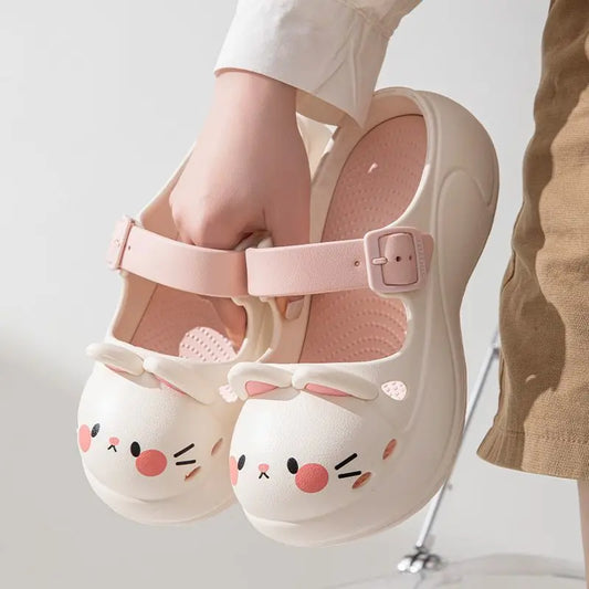 White kawaii animal slides with soft sole and lightweight design for summer beach and casual wear