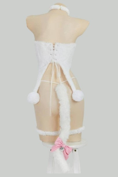 White kawaii kitty plush corset cosplay set with paw cups, cat ears, tail, ribbon choker and cuffs, cute flirty cutecore fantasy cosplay outfit