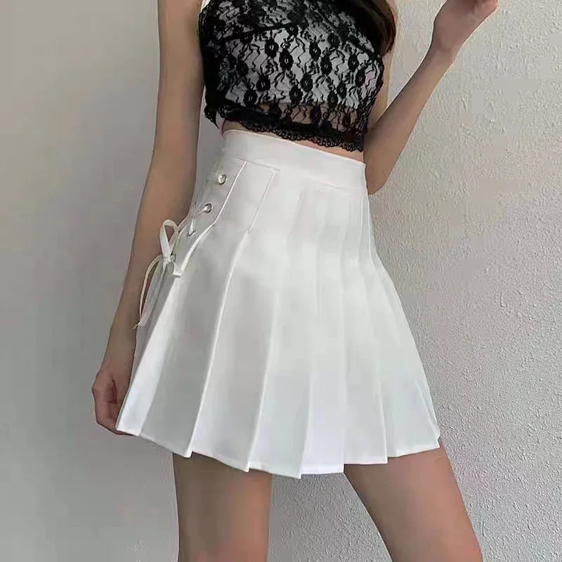 White Lolita Dollcore pleated skirt with lace hip details for kawaii, soft girl, cutecore, DDLG, and ABDL fashion outfits