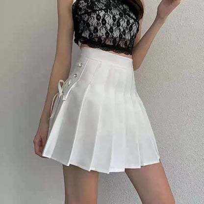 White Lolita Dollcore pleated skirt with lace hip details for kawaii, soft girl, cutecore, DDLG, and ABDL fashion outfits