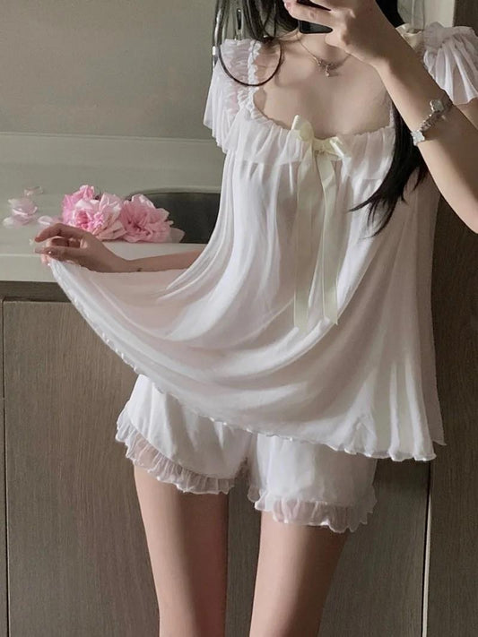 White Lullaby Pajama Set in soft white with pastel frills, cozy kawaii and DDLG sleepwear two-piece set