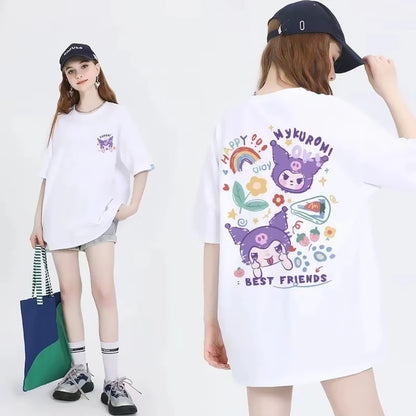 Cute white tee with Happy Nykuromi best friends graphic in a soft pastel kawaii aesthetic