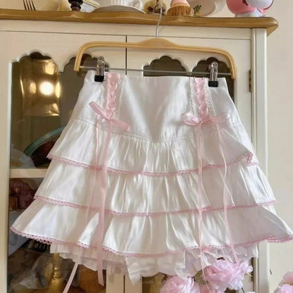 White Fairycore Lolita High Waist Ribbon Skirt with pink bow ribbon accents for kawaii ddlg looks