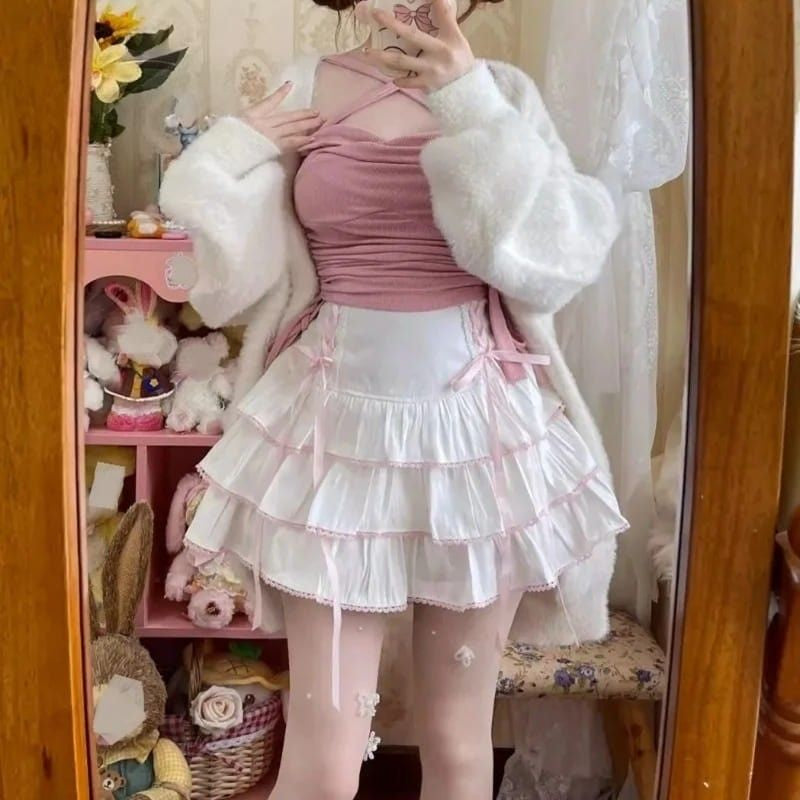 White Fairycore Lolita High Waist Ribbon Skirt with pink accents and lace details for ddlg style