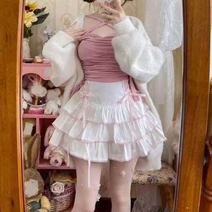 White Fairycore Lolita High Waist Ribbon Skirt with pink accents and lace details for ddlg style