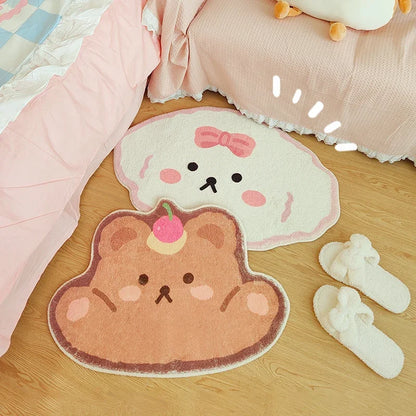 White puppy and brown teddy kawaii rugs with cherry motifs, perfect for pastel room vibes