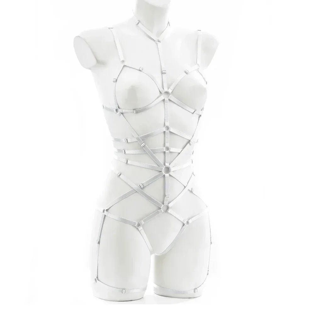 White Strap to the Max Harness Set front view, one size fits 40–65 kg (88–143 lbs), cutebaddie festival and lingerie fashion