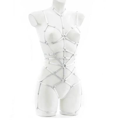 White Strap to the Max Harness Set front view, one size fits 40–65 kg (88–143 lbs), cutebaddie festival and lingerie fashion