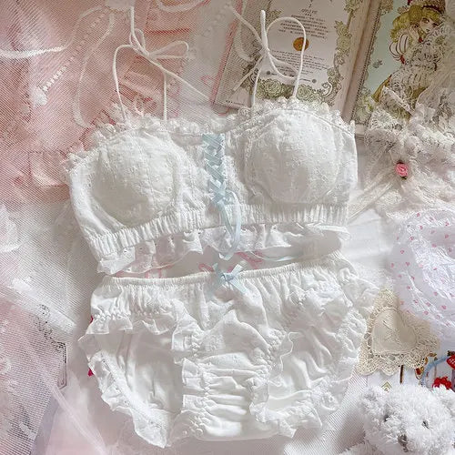 White bra & panty Vanilla Doll Ruffle Set, playful dollcore lingerie with delicate ruffles and soft girl pastel energy