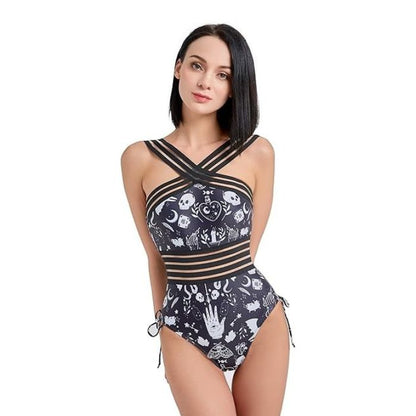 Witchy Hour Occult Bodysuit with gothic symbols, moons, bats, and laces for kawaii DDLG ABDL cutecore magic