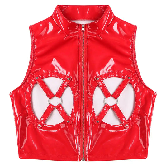 Flirty red latex crop top serving kawaii cutecore style and sexy DDLG fashion