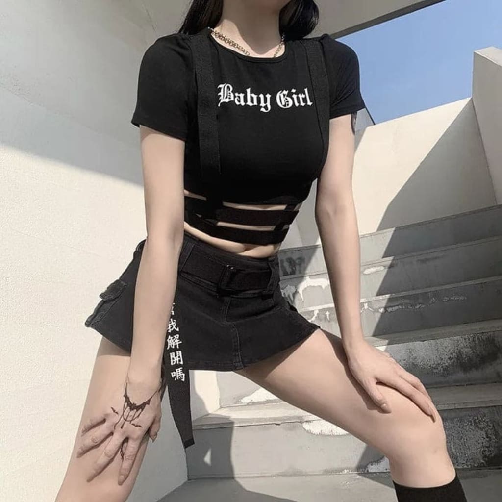 Baby Girl grunge crop top with bold print, stretchy fabric, perfect for edgy streetwear and alt fashion vibes