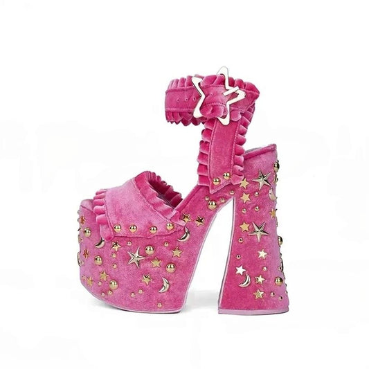 Y2K Galactic Glow chunky platform heels with stars, moons, and cosmic accents for party-ready baddie vibes