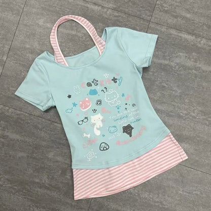 Y2K kitty layered tee with kawaii halter neck, perfect for babydoll, ddlg, and soft girl wardrobes