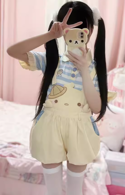 Yellow chick suspender shorts with frills, 3D wings, and embroidered chick face for playful kawaii style