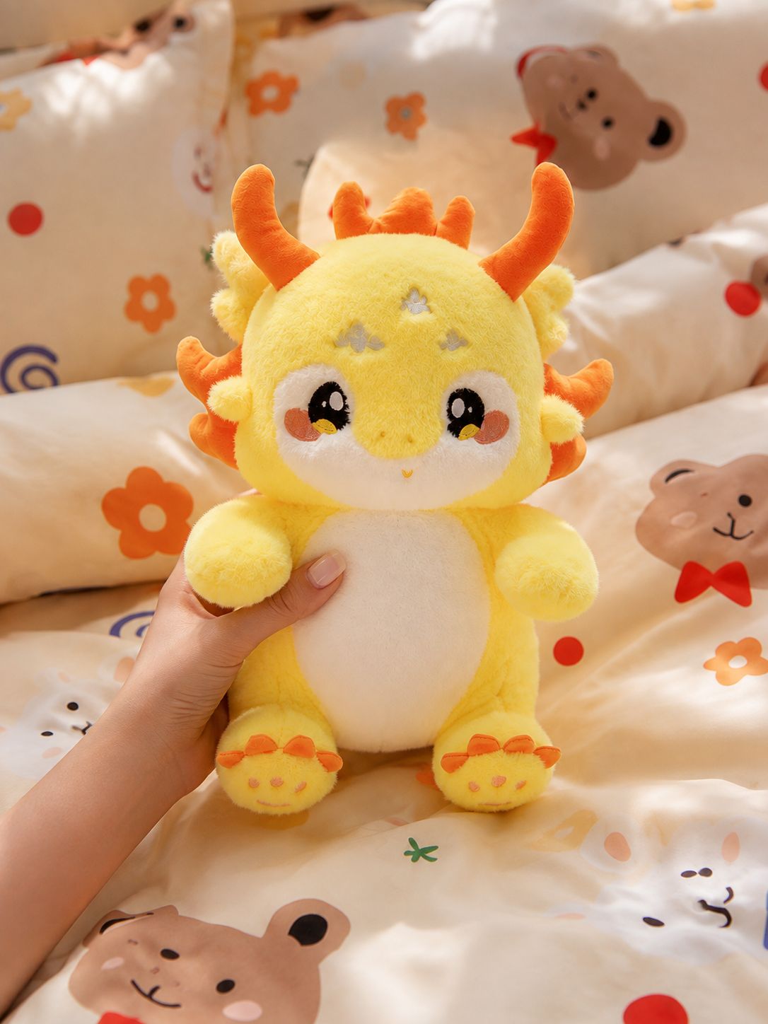Yellow Zodiac Dragon plush toy, adorable kawaii stuffed animal with rosy cheeks