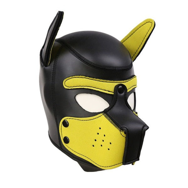 Yellow furry pup mask for DDLG, flirty sub petplay, and cute puppy roleplay adventures.